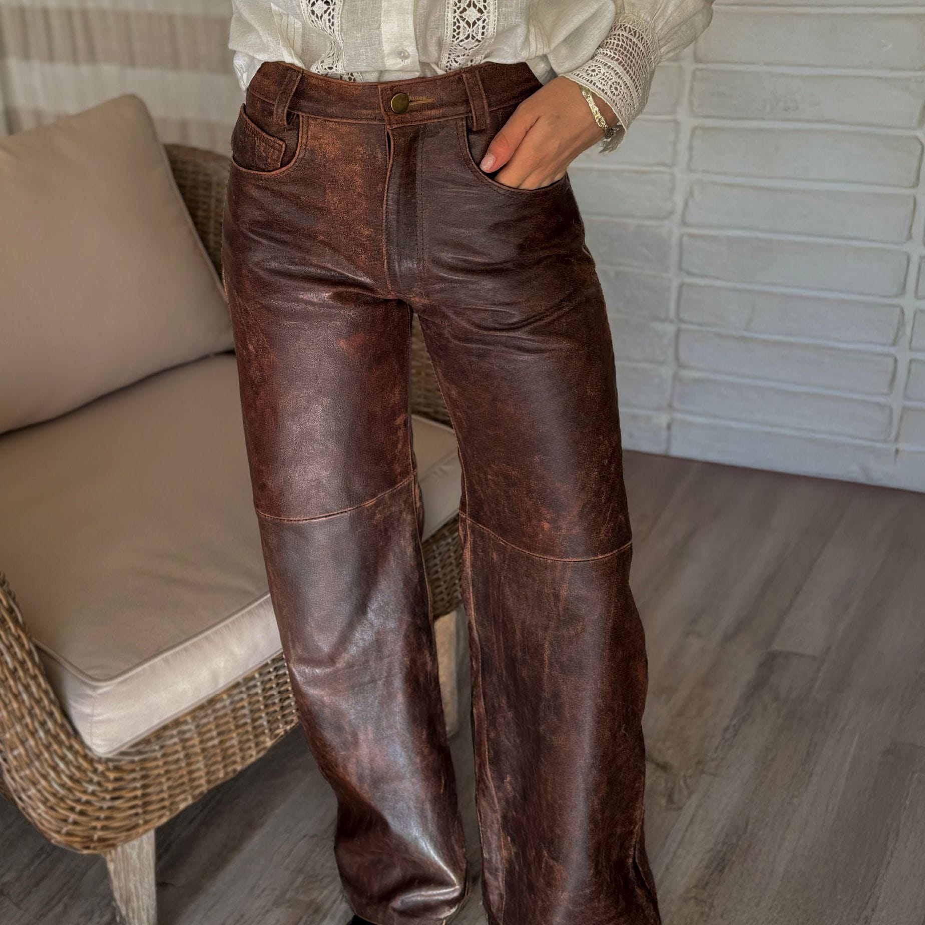 Pantalón de Cuero Marrón Óxido