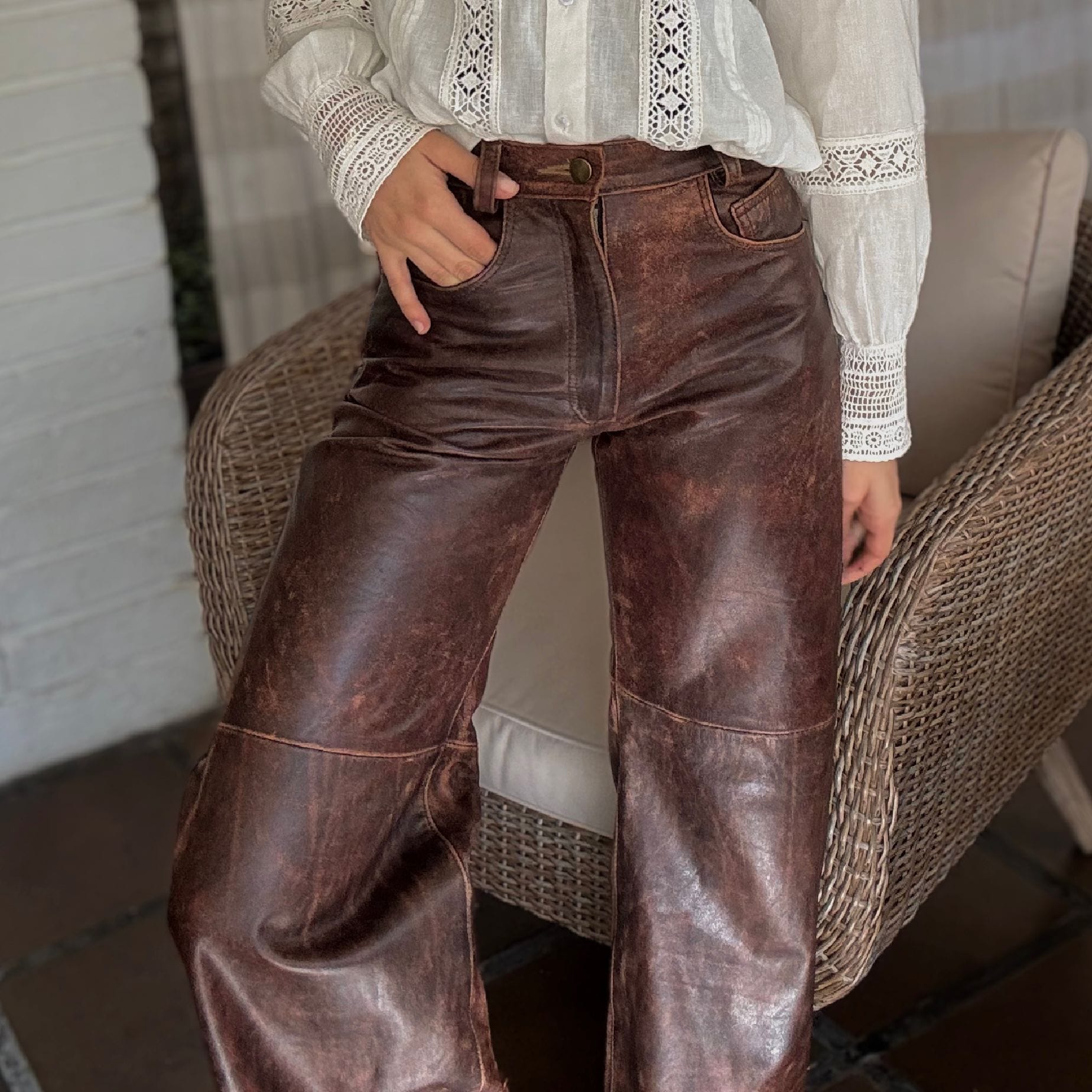 Pantalón de Cuero Marrón Óxido